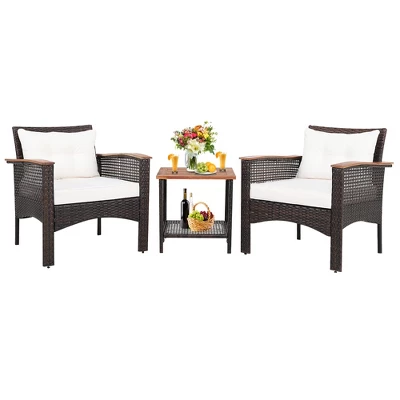 Costway 3PCS Patio Rattan Furniture Set Acacia Wood Table Top W/Shelf Cushioned 2 Costway 3PCS Patio Rattan Furniture Set Acacia Wood Table Top W/Shelf Cushioned - Image 2