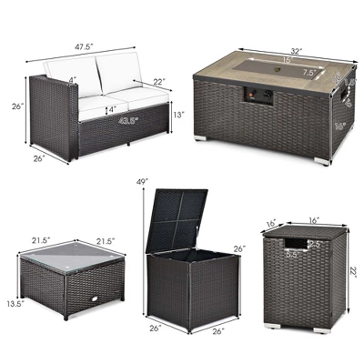 Costway 6PCS Patio Rattan Furniture Set 32'' Fire Pit Table Tank Holder With Cover Beige/Navy/Red/Turquoise 2 Costway 6PCS Patio Rattan Furniture Set 32'' Fire Pit Table Tank Holder With Cover Beige/Navy/Red/Turquoise - Image 2