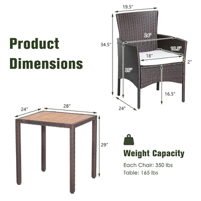 Costway 3PCS Patio Wicker Dining Set Acacia Wood Table Top With Cushioned Chairs Garden 2 Costway 3PCS Patio Wicker Dining Set Acacia Wood Table Top With Cushioned Chairs Garden - Image 2