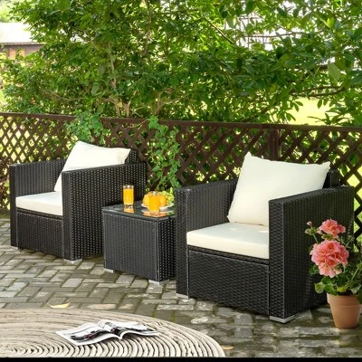 Costway 3PCS Patio Wicker Furniture Set Conversation Rattan Sofa Set W/Cushion Garden 3 Costway 3PCS Patio Wicker Furniture Set Conversation Rattan Sofa Set W/Cushion Garden - Image 3