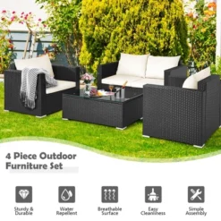 Costway 4PCS Patio Rattan Furniture Set Cushioned Sofa Chair Coffee Table Off White -Costway GUEST 51461a11 0aa9 4c34 9a8f abcfe4d92fe6
