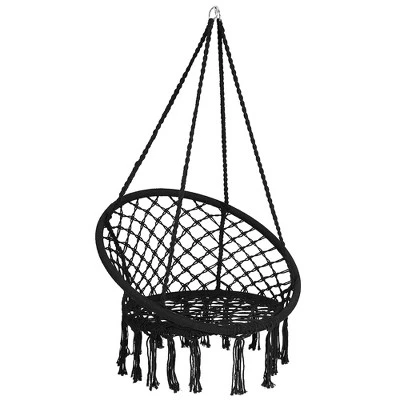 Costway Hanging Hammock Chair Macrame Swing Handwoven Cotton Backrest Garden Grey Black 9 Costway Hanging Hammock Chair Macrame Swing Handwoven Cotton Backrest Garden Grey Black - Image 9