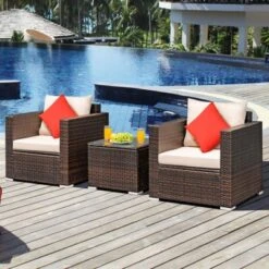 Costway 3PCS Patio Rattan Outdoor Furniture Set W/ Cushioned Sofa Coffee Table