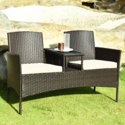 Costway Patented Patio Rattan Conversation Set Loveseat Sofa Cushioned Coffee Table Mix Brown -Costway GUEST 51d79538 6cbe 4848 ba53 e876068a5076