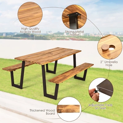 Costway Patented Picnic Table With 2 Benches 70'' Dining Table Set With Seats And Umbrella Hole 8 Costway Patented Picnic Table With 2 Benches 70'' Dining Table Set With Seats And Umbrella Hole - Image 8