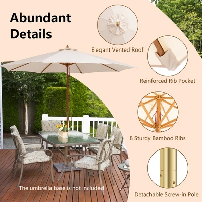10FT Patio Wooden Market Table Umbrella Pulley W/8 Bamboo Ribs Sunshade Canopy 7 10FT Patio Wooden Market Table Umbrella Pulley W/8 Bamboo Ribs Sunshade Canopy - Image 7