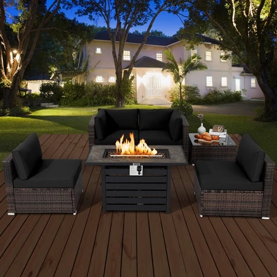 Costway 6PCS Patio Rattan Furniture Set 42'' Fire Pit Table Cover Sofa Cushion Off White/Black/Navy/Red/Turquoise 1 Costway 6PCS Patio Rattan Furniture Set 42'' Fire Pit Table Cover Sofa Cushion Off White/Black/Navy/Red/Turquoise