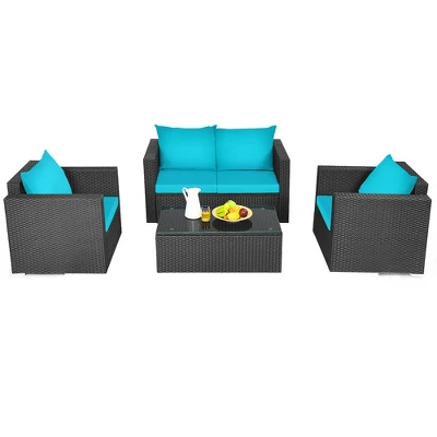 Costway 4PCS Patio Rattan Cushioned Sofa Chair Coffee Table Turquoise 8 Costway 4PCS Patio Rattan Cushioned Sofa Chair Coffee Table Turquoise - Image 8