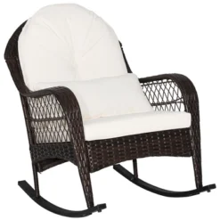 Costway Patio Wicker Rocking Chair W/Seat Back Cushions & Lumbar Pillow Porch Off