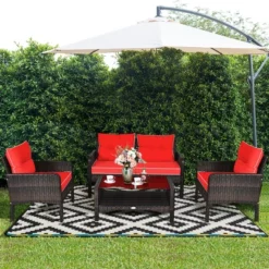Costway 4PCS Patio Rattan Furniture Set Loveseat Sofa Coffee Table Garden W/Red Cushion -Costway GUEST 54d920b5 1fc5 4c6a 9439 b691950ff452