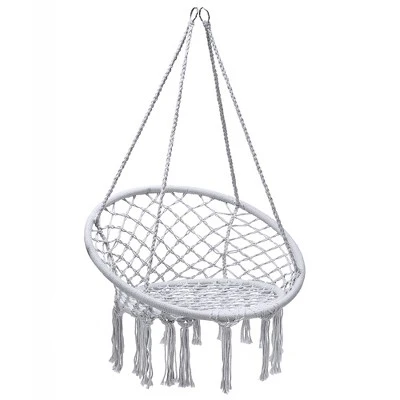 Costway Hanging Hammock Chair Macrame Swing Handwoven Cotton Backrest Garden Grey Black 10 Costway Hanging Hammock Chair Macrame Swing Handwoven Cotton Backrest Garden Grey Black - Image 10