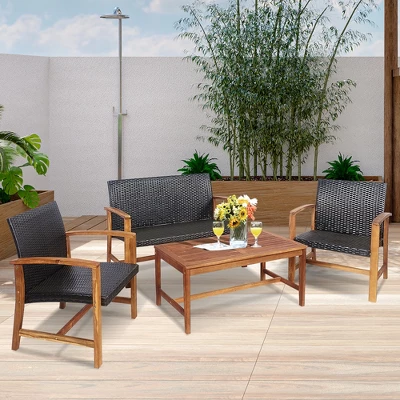 Costway 4PCS Outdoor Patio Rattan Furniture Set Acacia Wood Frame Sofa Loveseat Garden 2 Costway 4PCS Outdoor Patio Rattan Furniture Set Acacia Wood Frame Sofa Loveseat Garden - Image 2
