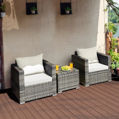 Costway 3 PC Patio Rattan Furniture Bistro Set Cushioned Sofa Chair Table WhiteNavy 13 Costway 3 PC Patio Rattan Furniture Bistro Set Cushioned Sofa Chair Table WhiteNavy - Image 13