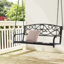 Costway Outdoor 2-Person Metal Porch Swing Hanging Patio Bench 485 Lbs Capacity BlackBrown -Costway GUEST 57d9718c 763a 432f b729 42fe685112d3
