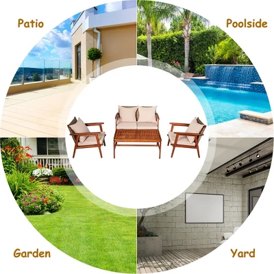 Costway 4PCS Patio Rattan Furniture Set Acacia Wood Frame Cushioned Sofa Chair Garden 4 Costway 4PCS Patio Rattan Furniture Set Acacia Wood Frame Cushioned Sofa Chair Garden - Image 4