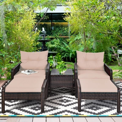 Costway 5 PCS Rattan Wicker Furniture Set Sofa Ottoman W/Brown Cushion Patio Garden Yard 2 Costway 5 PCS Rattan Wicker Furniture Set Sofa Ottoman W/Brown Cushion Patio Garden Yard - Image 2