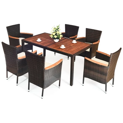 Costway 7PCS Patio Rattan Dining Set 6 Stackable Chairs Cushioned 1 Costway 7PCS Patio Rattan Dining Set 6 Stackable Chairs Cushioned