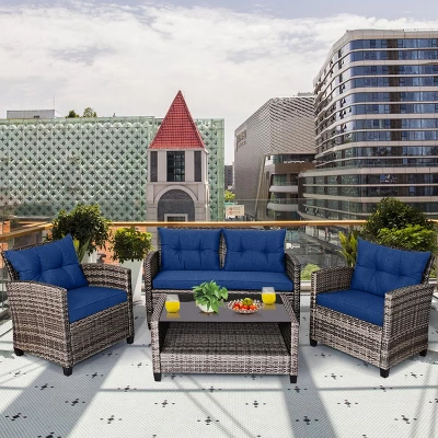 Costway 4 PCS/8PCS Patio Rattan Furniture Set Coffee Table Cushioned Sofa Garden Lawn Navy 4 Costway 4 PCS/8PCS Patio Rattan Furniture Set Coffee Table Cushioned Sofa Garden Lawn Navy - Image 4