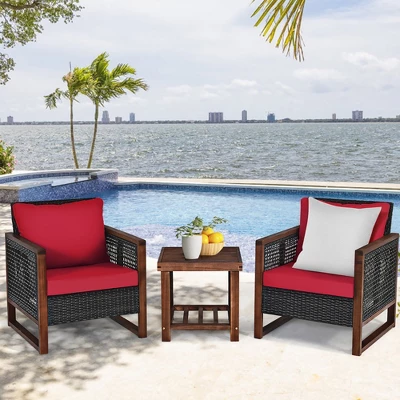 Costway 3PCS Patio Wicker Furniture Set Solid Wood Frame Cushion Sofa W/ Square Table Shelf 12 Costway 3PCS Patio Wicker Furniture Set Solid Wood Frame Cushion Sofa W/ Square Table Shelf - Image 12