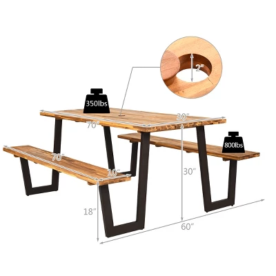 Costway Patented Picnic Table With 2 Benches 70'' Dining Table Set With Seats And Umbrella Hole 2 Costway Patented Picnic Table With 2 Benches 70'' Dining Table Set With Seats And Umbrella Hole - Image 2