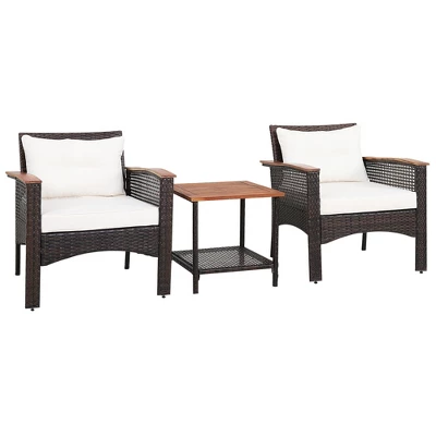 Costway 3PCS Patio Rattan Furniture Set Acacia Wood Table Top W/Shelf Cushioned 9 Costway 3PCS Patio Rattan Furniture Set Acacia Wood Table Top W/Shelf Cushioned - Image 9