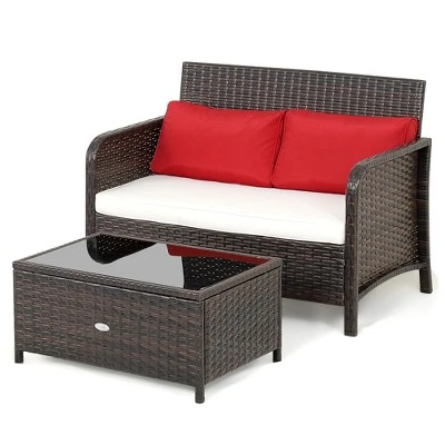 Costway 2PCS Patio Rattan Wicker Love-seat Coffee Table Set Cushioned Bench Garden Deck 9 Costway 2PCS Patio Rattan Wicker Love-seat Coffee Table Set Cushioned Bench Garden Deck - Image 9
