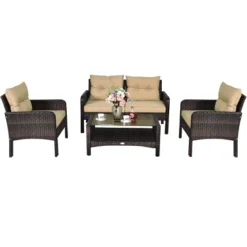 Costway 4PCS Patio Rattan Furniture Set Loveseat Sofa Coffee Table Sofa W/Cushion Garden -Costway GUEST 5cbb7734 7121 41f2 9b4c 5eaf0b73974f