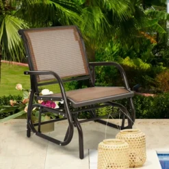 Costway Outdoor Single Swing Glider Rocking Chair Armrest Garden Porch Backyard GreyBrown -Costway GUEST 5e70f776 172a 4b6b 8744 679f0082c5fc