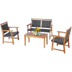 Costway 4 PCS Patio Rattan Furniture Set Acacia Wood Frame Sofa Loveseat Garden -Costway GUEST 5e853ae6 7698 4d82 87d9 058094953d9e
