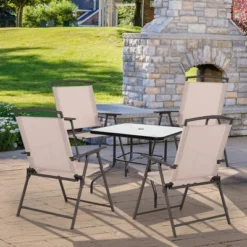 Costway 4 Pcs Patio Folding Sling Dining Chairs Armrests Steel Frame Outdoor Beige/Grey