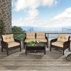 Costway 4PCS Patio Rattan Furniture Set Loveseat Sofa Coffee Table Sofa W/Cushion Garden -Costway GUEST 5ef30280 2fd6 44e5 b45c 0989ab5fd99a
