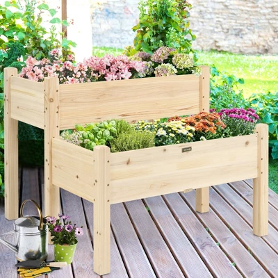 Costway 2 Tier Wooden Raised Garden Bed Elevated Planter Box W/Legs Drain Holes 2 Costway 2 Tier Wooden Raised Garden Bed Elevated Planter Box W/Legs Drain Holes - Image 2
