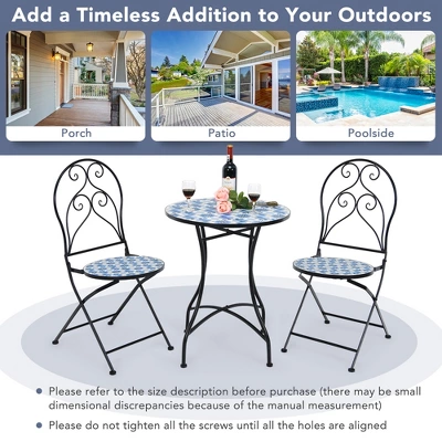 Costway 3PCS Patio Bistro Furniture Set Folding Chair Mosaic Design Garden Blue 3 Costway 3PCS Patio Bistro Furniture Set Folding Chair Mosaic Design Garden Blue - Image 3