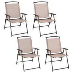 Costway 4 Pcs Patio Folding Sling Dining Chairs Armrests Steel Frame Outdoor Beige/Grey -Costway GUEST 5fb1487b fb24 4ea3 9d97 069aaefb07c7