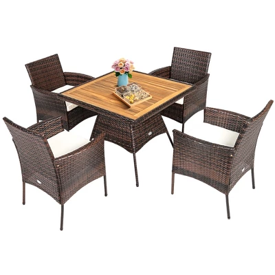 Costway 5PCS Patio Rattan Dining Furniture Set Arm Chair Wooden Table Top 1 Costway 5PCS Patio Rattan Dining Furniture Set Arm Chair Wooden Table Top