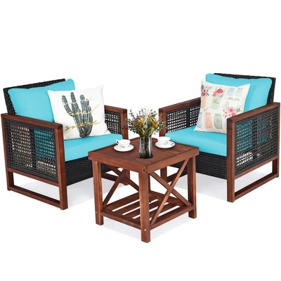 Costway 3PCS Patio Wicker Furniture Set Solid Wood Frame Cushion Sofa W/ Square Table Shelf 9 Costway 3PCS Patio Wicker Furniture Set Solid Wood Frame Cushion Sofa W/ Square Table Shelf - Image 9