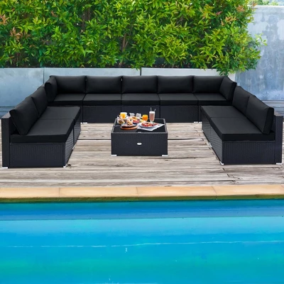 Costway 10 PCS Patio Rattan Furniture Set Outdoor Wicker Sofa Table Cushioned Seat Black/Brown 3 Costway 10 PCS Patio Rattan Furniture Set Outdoor Wicker Sofa Table Cushioned Seat Black/Brown - Image 3