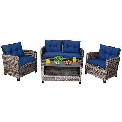 Costway 4 PCS/8PCS Patio Rattan Furniture Set Coffee Table Cushioned Sofa Garden Lawn Navy 3 Costway 4 PCS/8PCS Patio Rattan Furniture Set Coffee Table Cushioned Sofa Garden Lawn Navy - Image 3