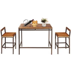 Costway 3 PCS Patio Rattan Wicker Bar Wood Table Chair Outdoor