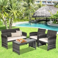 Costway 4PCS Patio Rattan Furniture Set Conversation Glass Table Top Cushioned TurquoiseRed -Costway GUEST 6329eb2f d216 4a8d 9921 f2b5036494d4