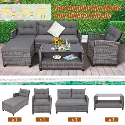 Costway 4PCS Patio Rattan Furniture Set Cushioned Loveseat Table Shelf Gray 3 Costway 4PCS Patio Rattan Furniture Set Cushioned Loveseat Table Shelf Gray - Image 3