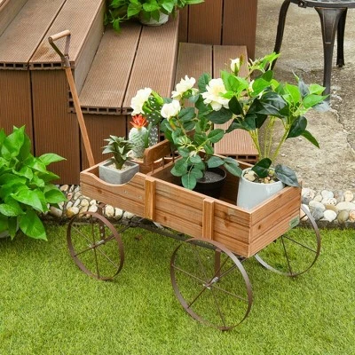 Costway Garden Plant Planter Wooden Wagon Planter W/ Wheel Garden Yard 2 Costway Garden Plant Planter Wooden Wagon Planter W/ Wheel Garden Yard - Image 2