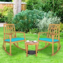 Costway 2 PCS Patio Rocking Chair Acacia Wood Armrest Cushioned Sofa Garden Deck WhiteRedTurquoise -Costway GUEST 644f31e2 c6f1 4ec4 a809 3368023d46ac