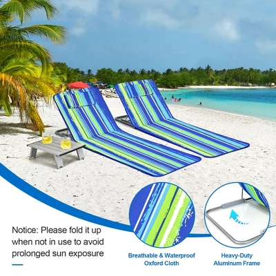 Costway 3-Piece Beach Lounge Chair Mat Set 2 Adjustable Lounge Chairs With Table BlueStripe 5 Costway 3-Piece Beach Lounge Chair Mat Set 2 Adjustable Lounge Chairs With Table BlueStripe - Image 5