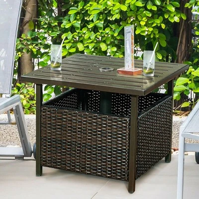 Costway Brown Rattan Wicker Steel Side Table Outdoor Furniture Deck Garden Patio Pool 2 Costway Brown Rattan Wicker Steel Side Table Outdoor Furniture Deck Garden Patio Pool - Image 2