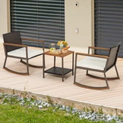 Costway 3PCS Patio Rattan Rocking Chair Bistro Set Armrest Cushion Table With Storage Shelf 12 Costway 3PCS Patio Rattan Rocking Chair Bistro Set Armrest Cushion Table With Storage Shelf -Costway GUEST 67585143 9815 46a5 a63c 669e55b0016b