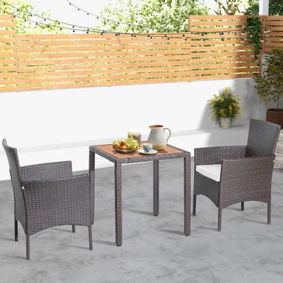 Costway 3PCS Patio Wicker Dining Set Acacia Wood Table Top With Cushioned Chairs Garden 1 Costway 3PCS Patio Wicker Dining Set Acacia Wood Table Top With Cushioned Chairs Garden