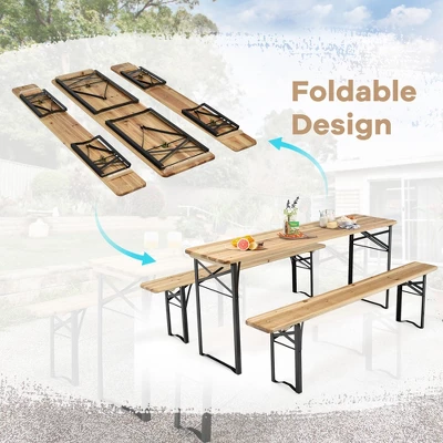 Costway 3 PCS Beer Table Bench Set Folding Wooden Top Picnic Table Patio Garden 5 Costway 3 PCS Beer Table Bench Set Folding Wooden Top Picnic Table Patio Garden - Image 5
