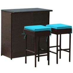 Costway 3PCS Patio Rattan Wicker Bar Table Stools Dining Set Cushioned Chairs Turquoise -Costway GUEST 685f993e acb4 4059 bb19 150892ea9522
