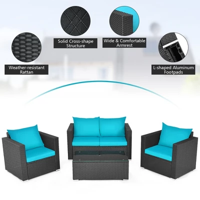 Costway 4PCS Patio Rattan Cushioned Sofa Chair Coffee Table Turquoise 7 Costway 4PCS Patio Rattan Cushioned Sofa Chair Coffee Table Turquoise - Image 7